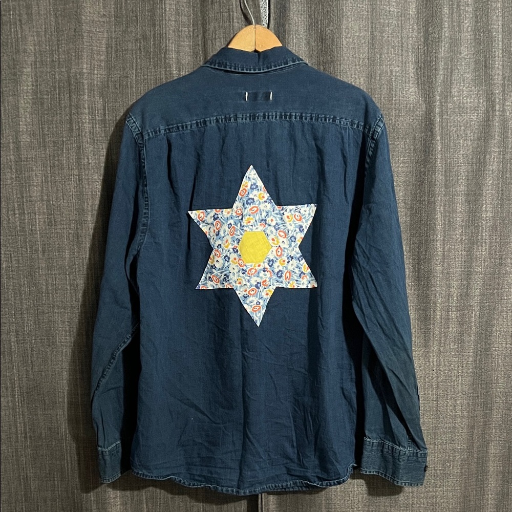 Handmade upcycled denim button down large shirt with scrap design